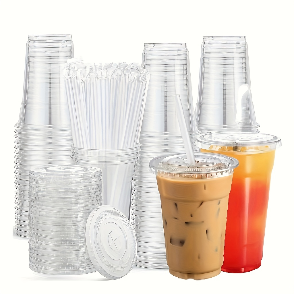 Camping - 透明なプラスチック製のカップ。平らな蓋とストロー付きで、繰り返し使用可能。アイスクリームやアイスコーヒー、休暇中のイベント、キャンプ、パーティーなどに最適。