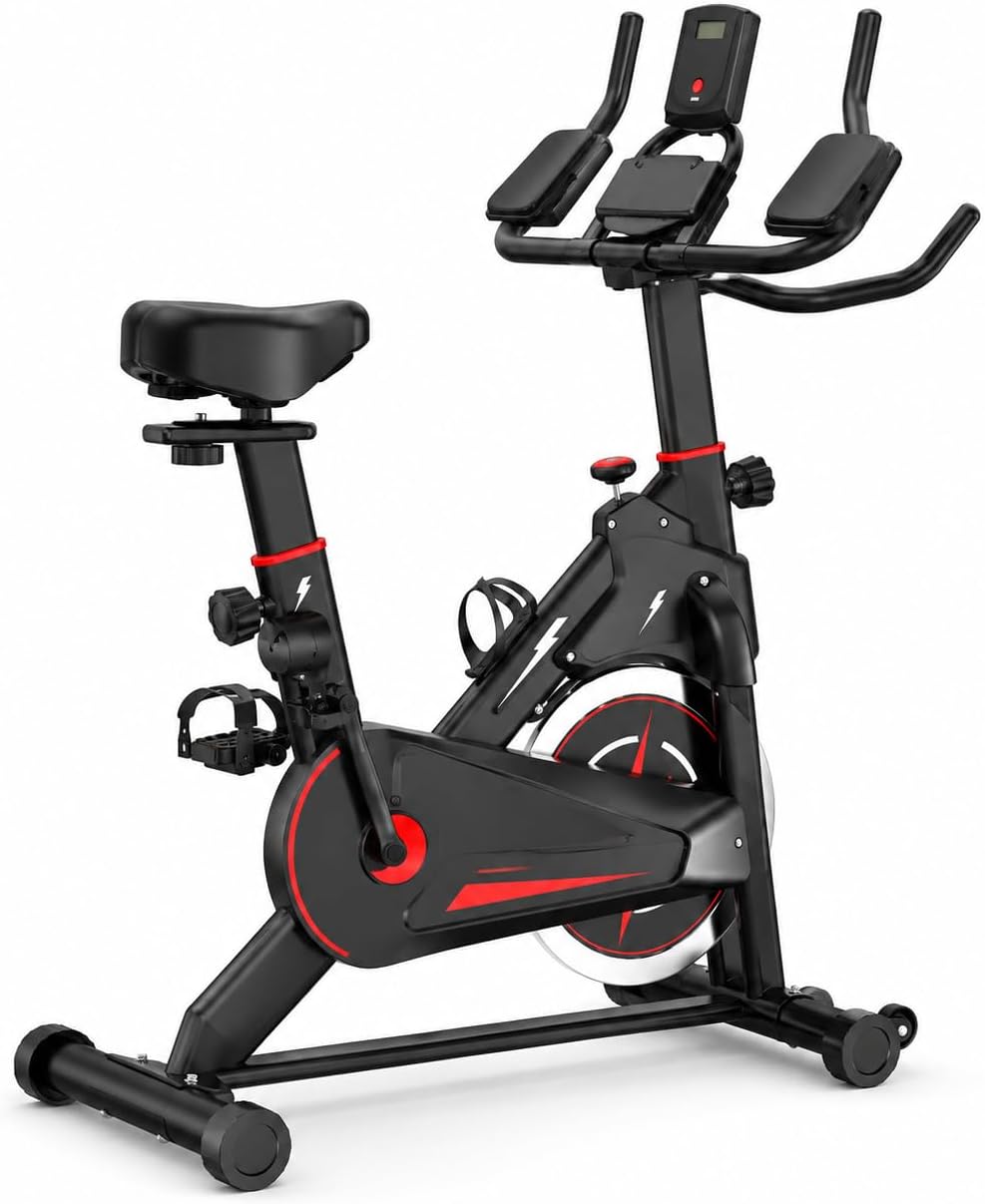 Exercise Bike Magnetic Resistance - 屋内用磁気式エクササイズバイク。LCDモニター付きで、負荷調整が可能。最大耐荷重330ポンド。静音設計で、タブレットホルダーも付属。ダイエットに最適な固定式サイクリングバイク。